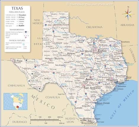 A map of Texas marking the Dallas–Fort Worth service area